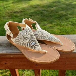 XOXO Beaded Floral Sandals - Cream and Tan